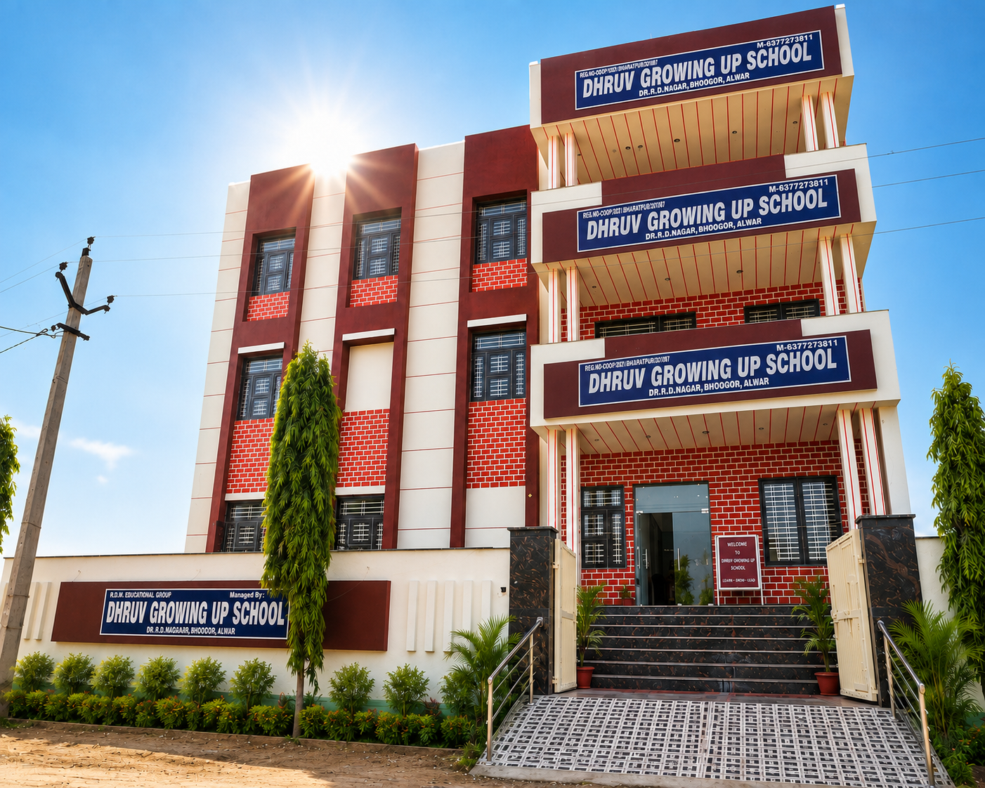 Dhruv Growing Up School campus building and bus